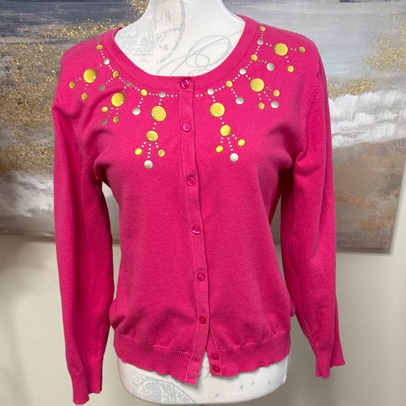 Sweaters - SWEATER, Cardigan, Long Sleeve, Button down, Embellished, Bright Pink